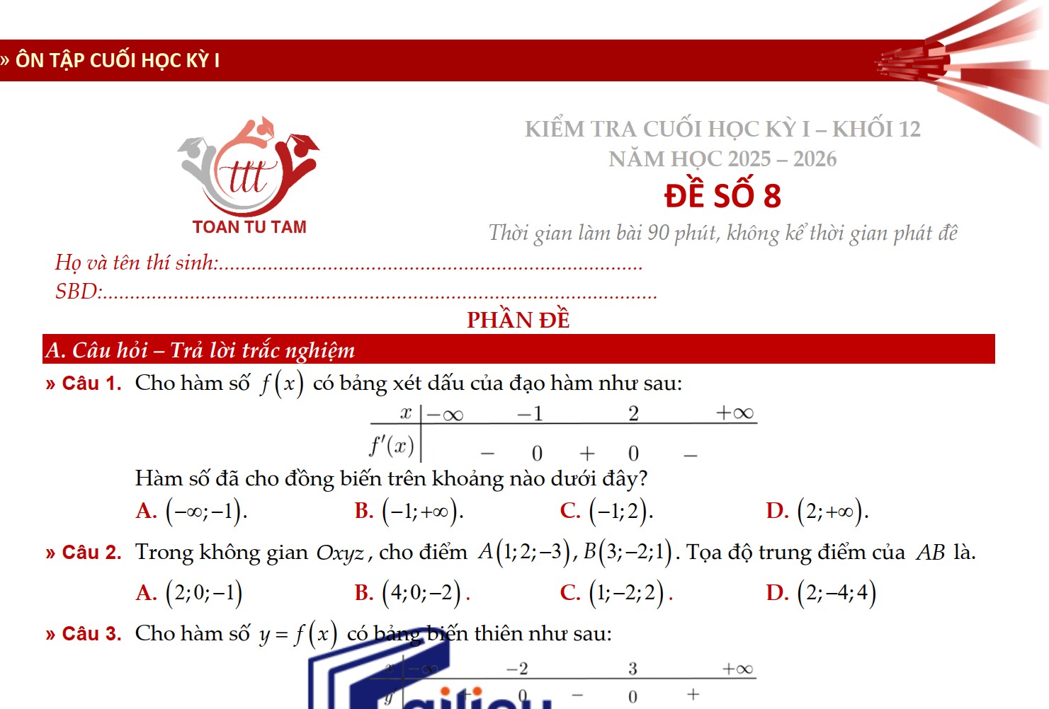 Đề kiểm tra học kì 1 Toán 12 Kết nối tri thức theo form 2026 Tự Tâm - Đề 8